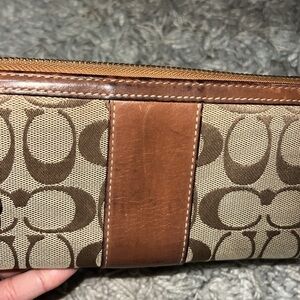 Coach Brown and Tan Signature Canvas Zip Wallet